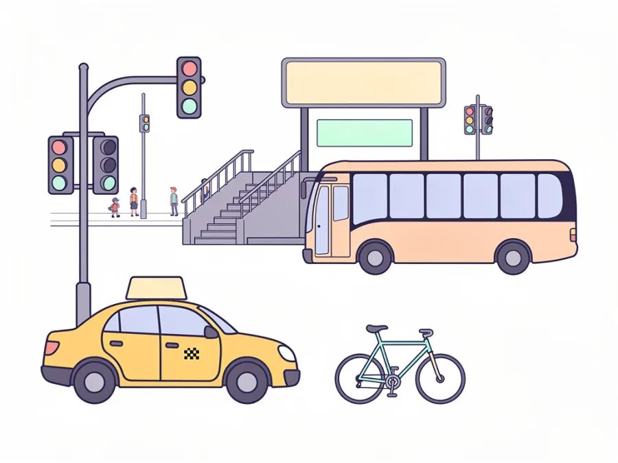 Trafik ışıkları, otobüs, taksi ve bisiklet olan bir kavşak.