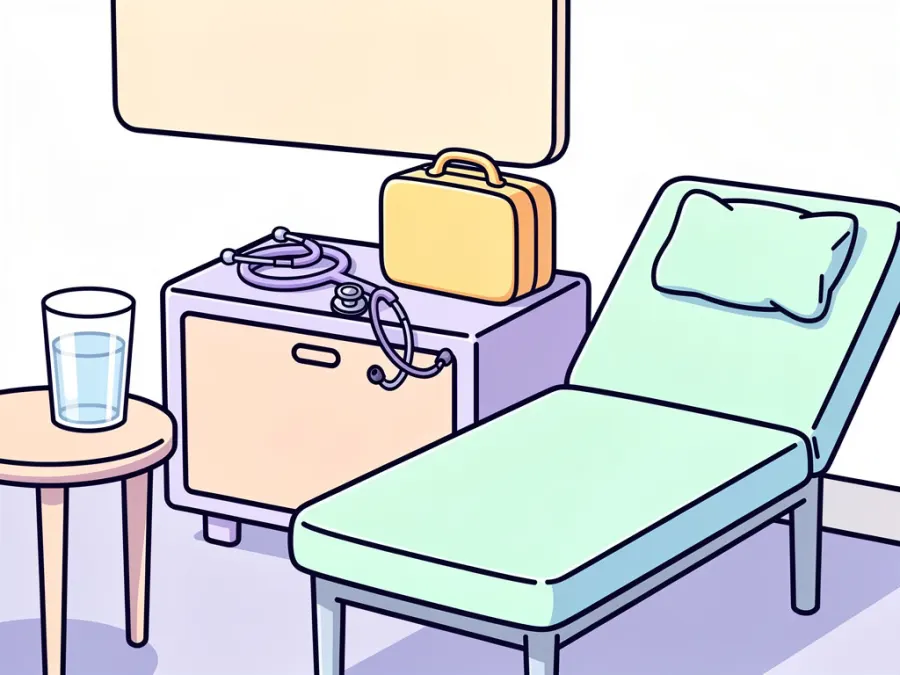 Muayene masası, tansiyon aleti ve bir bardak su olan doktor odası.