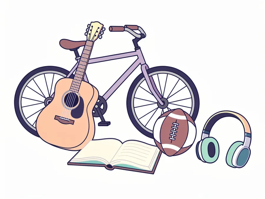 Gitar, bisiklet, top, kulaklık ve açık bir kitap.